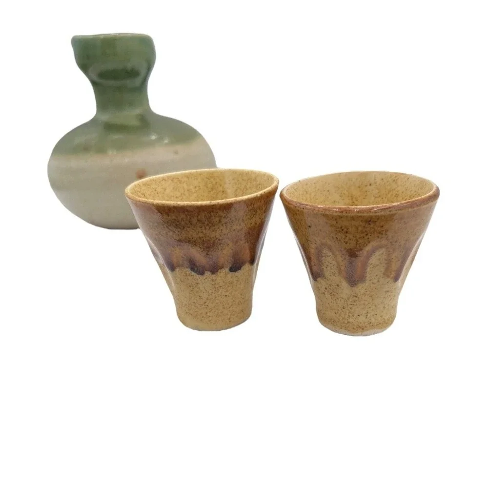 Japanese Pottery Stoneware Sake Set Carafe Two Cups Earth Tone Sage Green Tan